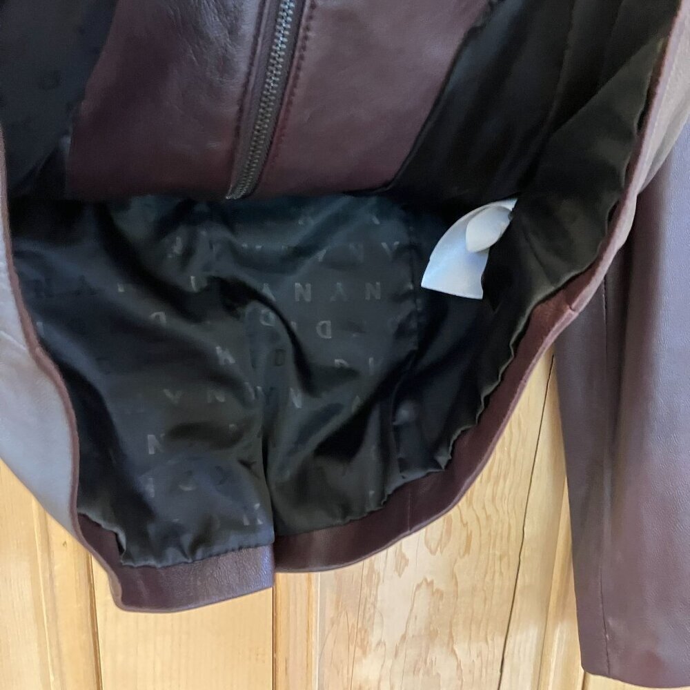 DKNY Womens Ruffle-Front Lambskin Bordeaux Leather Jacket Small Brown FA EXC - Picture 9 of 12